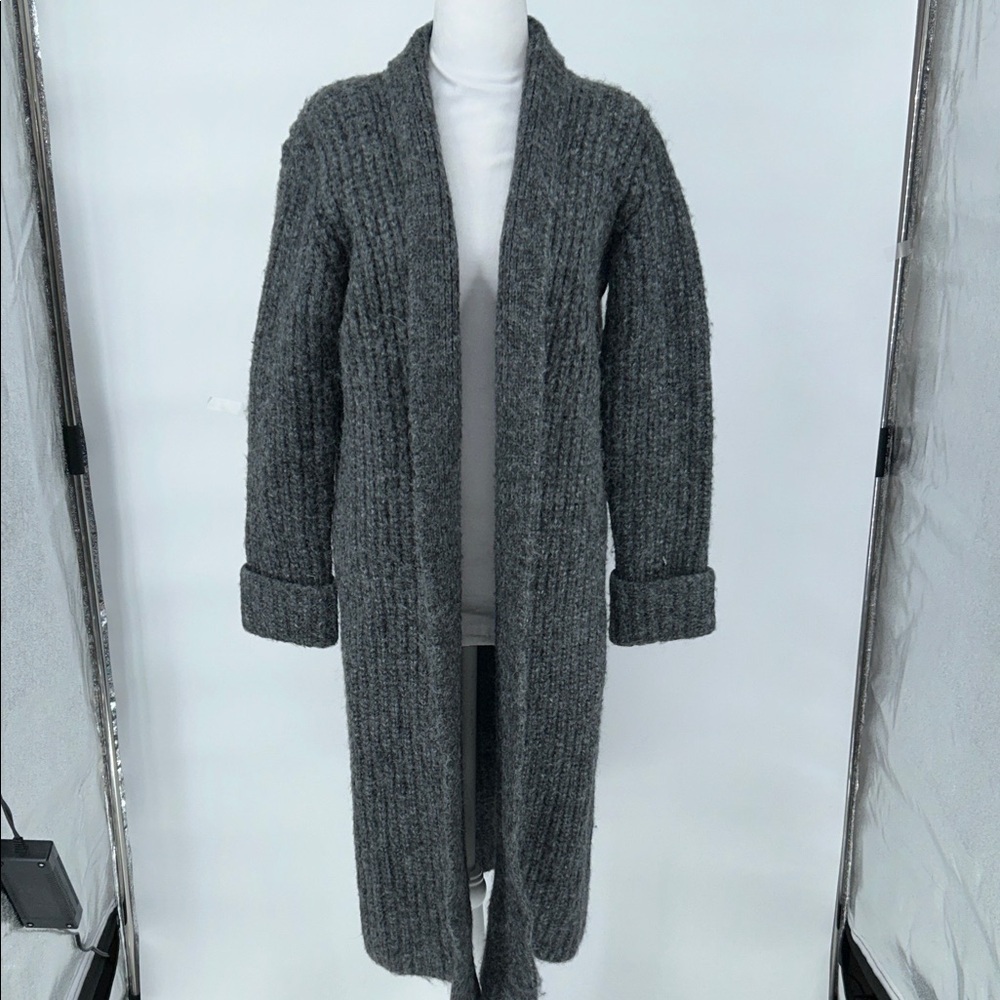 Zara Women Gray Long Knit Cardigan Sweater XS Cozy Open Front - Picture 3 of 9